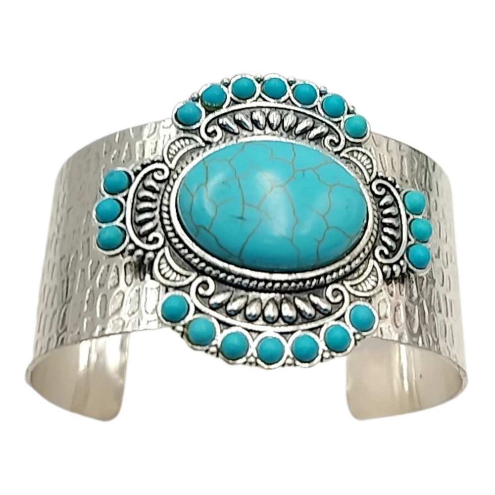Silver Tone Textured Cuff Bracelet w/ Turquoise Blue Cabochon